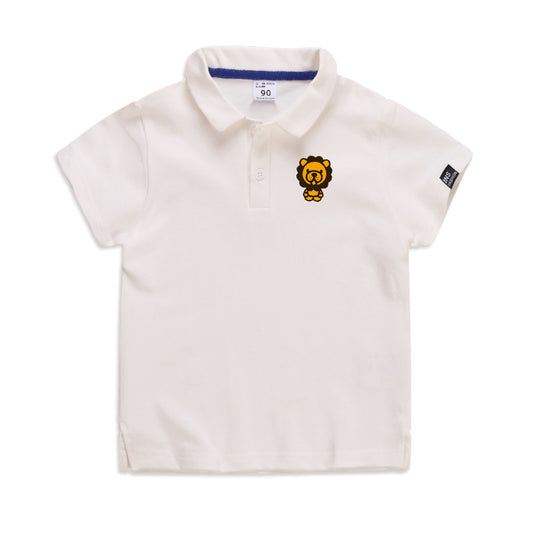 Cream kids polo shirt with lion graphic, blue collar trim, size 90 — perfect for casual wear or school