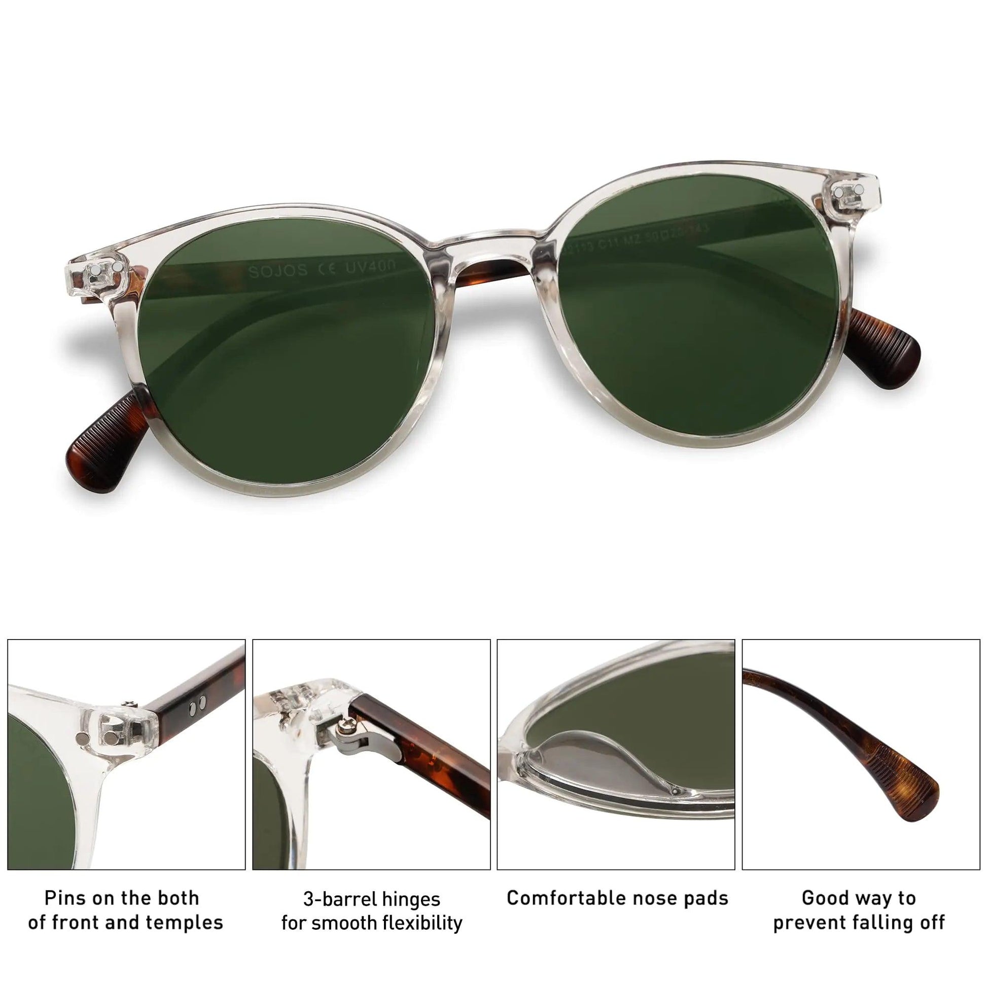 SOJOS Vintage Round Polarized Shades UV400 - Clear/Green - MANDOTOS