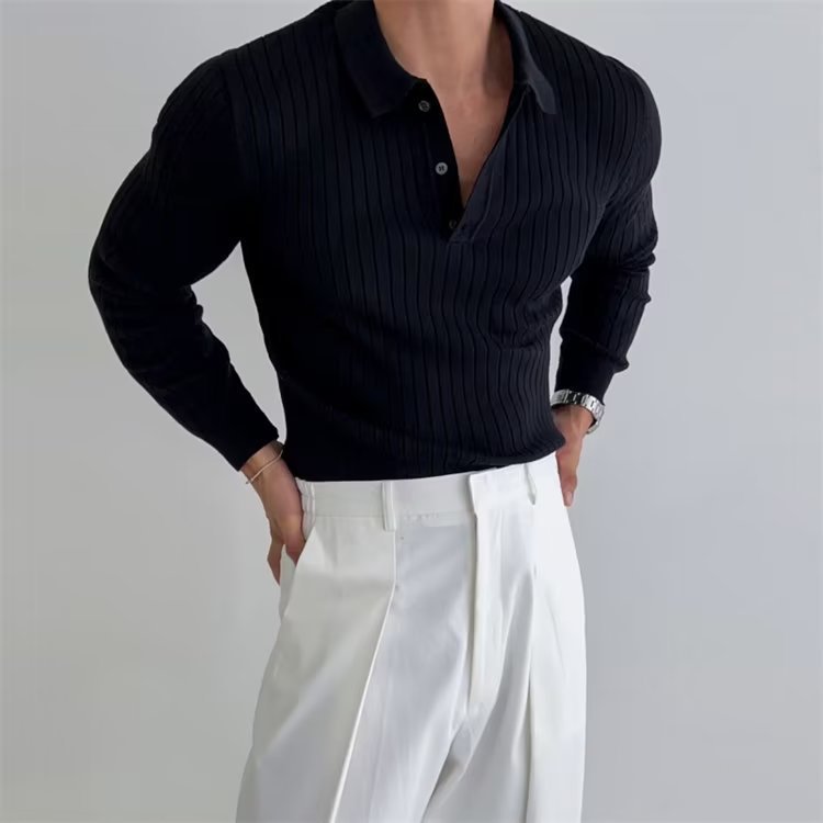 Lapel Button Long Sleeve Polo Shirt Slim Fashion Solid Striped Knitted Bottoming Shirt Top Men's Clothing - MANDOTOS