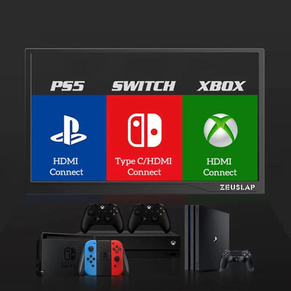 ZEUS 16'' 2.5K Ultra-Smooth Portable Gaming Monitor with PS5, Switch, and Xbox consoles.