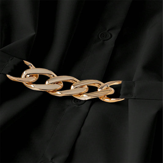 Women's Elegant Lapel Button-Down Top With Adjustable Metal Waist Belt Solid Color Loose Fit Blouse For Casual & Office Wear