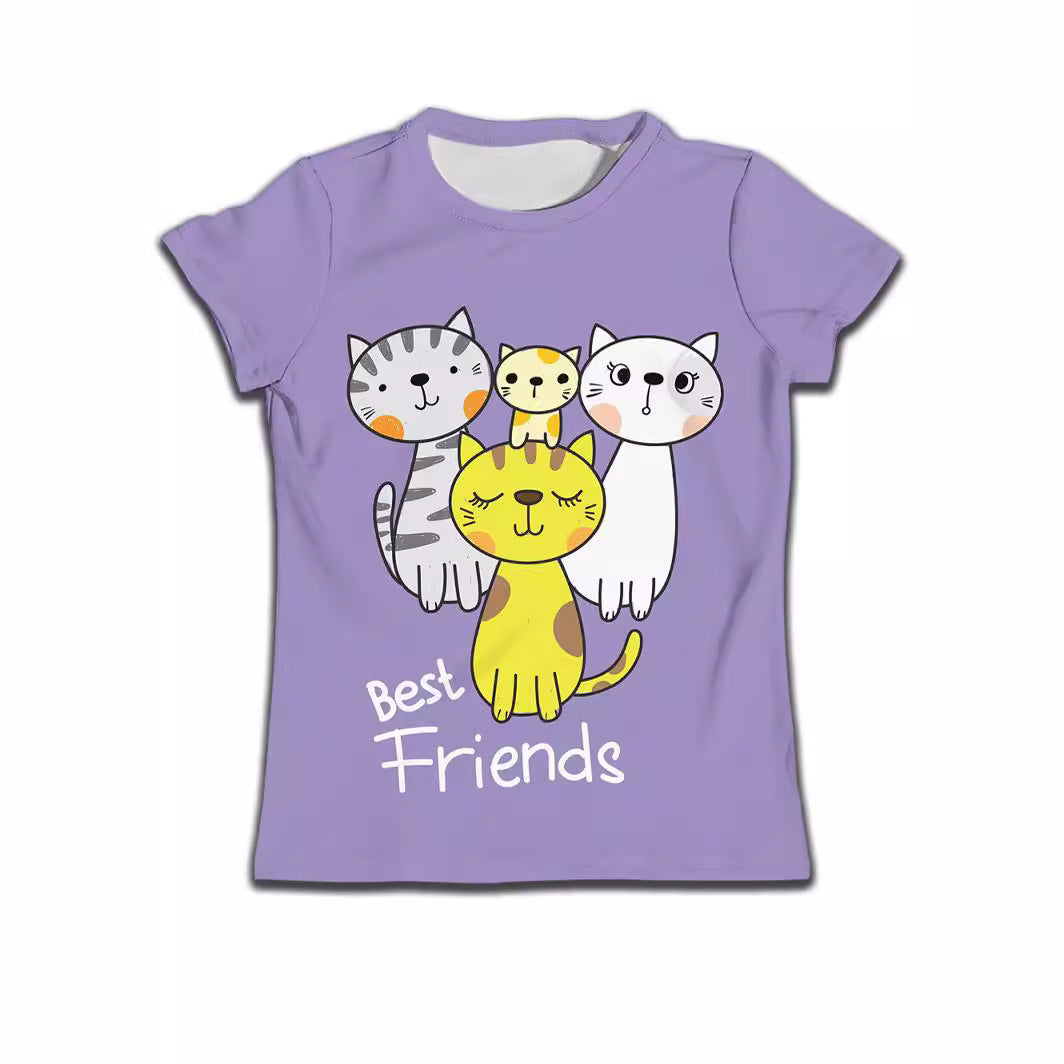 Purple kids t-shirt with cute cartoon cats and 'Best Friends' text, perfect for children's fashion