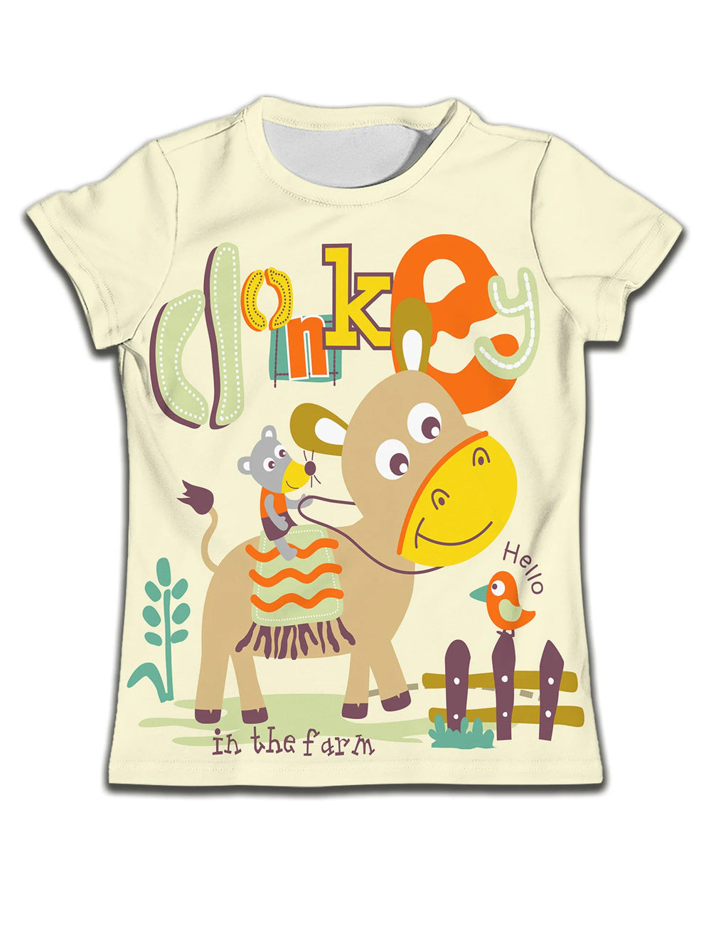 Kids t-shirt with cute donkey and mouse farm design, colorful print, 'Hello in the farm'