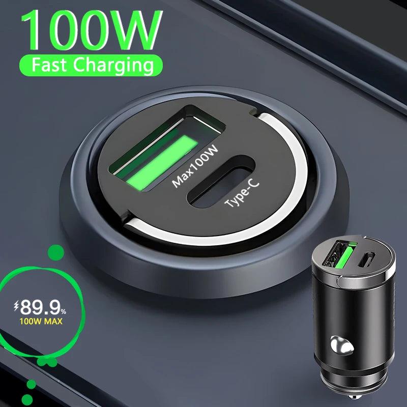 100W Mini Car Charger Lighter Fast Charging for iPhone QC3.0 Mini PD USB Type C Car Phone Charger for Xiaomi Samsung Huawei - MANDOTOS