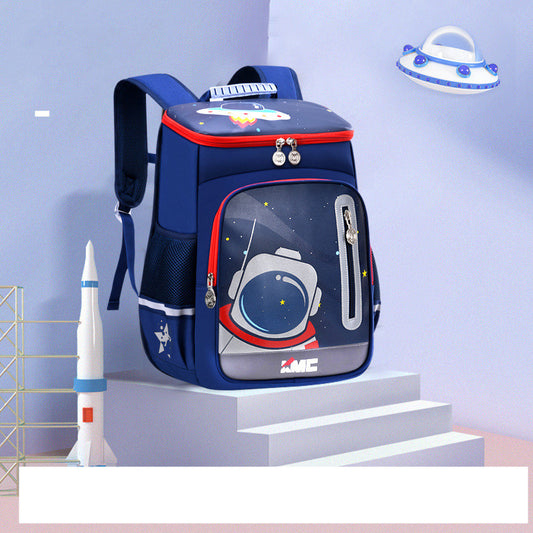 Blue kids backpack with astronaut design, space theme, rocket and UFO decor, perfect for school or travel