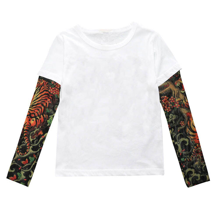 White long sleeve tee with vibrant tiger and floral print sleeves, stylish fashion top