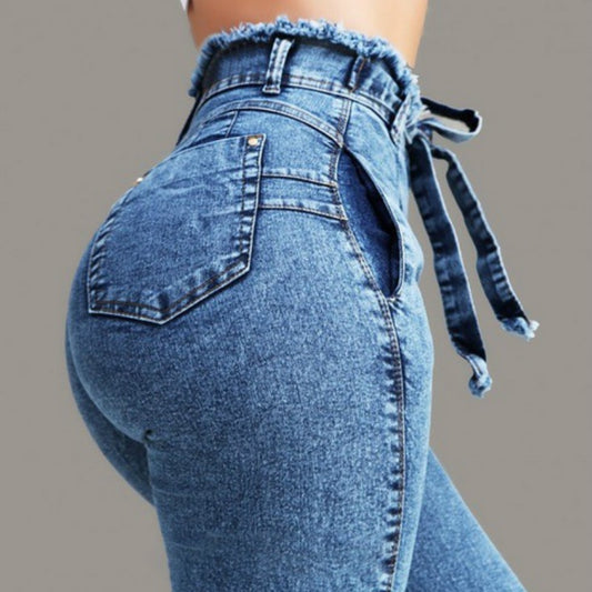 High-waisted blue denim jeans with frayed waistband and side tie detail, fashion women's wear