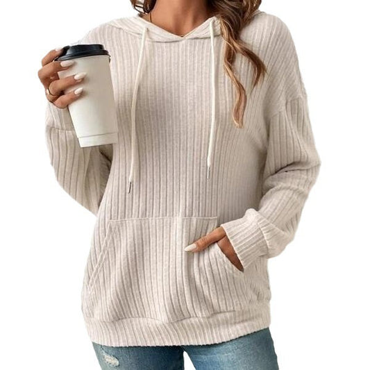 Fashion Drawstring Long-sleeved Hooded Sweatshirt With Pockets Solid Sunken Stripe Hoodie Knitwear Womens Clothing - MANDOTOS