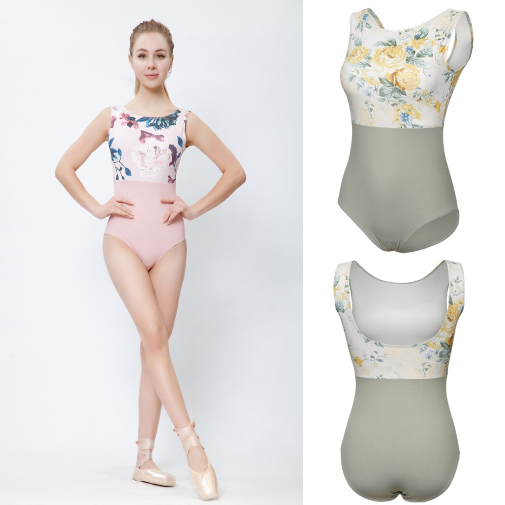 Floral ballet leotard with pink and sage green options, worn with pointe shoes for dance practice
