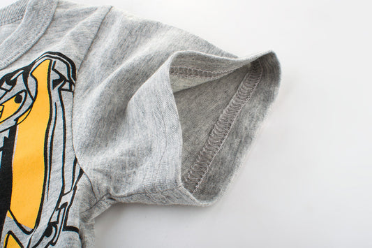 Gray kids t-shirt with yellow graphic print, soft cotton fabric, stylish short sleeve design