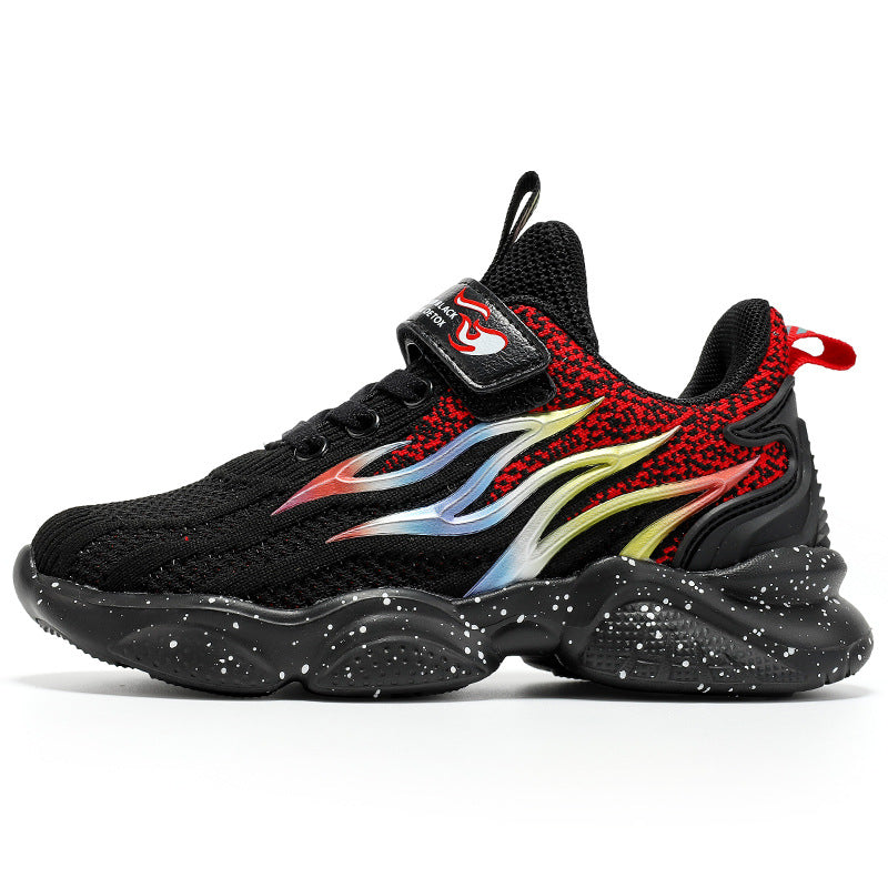 Black and red kids' sneaker with rainbow flame design, velcro strap, and speckled sole for casual wear