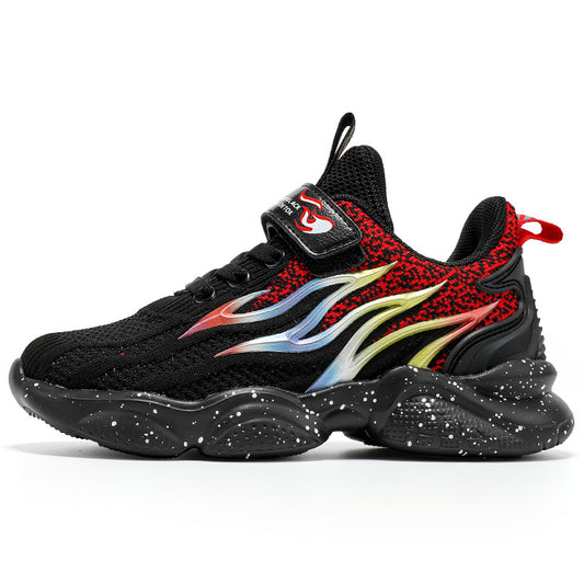 Black and red kids' sneaker with rainbow flame design, velcro strap, and speckled sole for casual wear