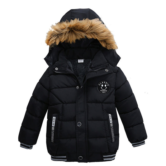 Black kids puffer jacket with faux fur hood, smiley patch, and side pockets for winter fashion