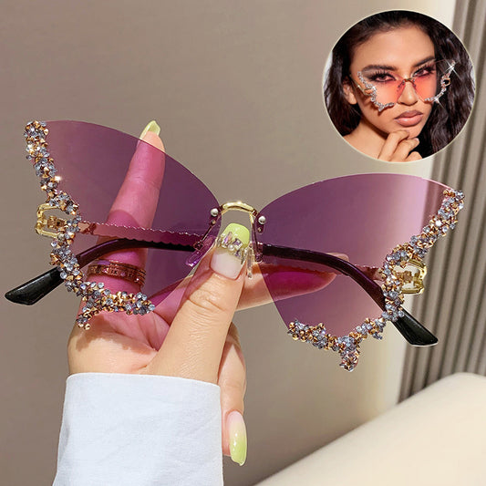Luxury Diamond Butterfly Sunglasses Women Brand Y2K Vintage Rimless Oversized Sun Glasses Ladies Eyewear Shades - MANDOTOS