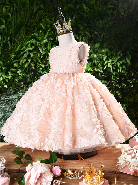 Pink floral lace toddler dress with crown, perfect for birthday parties and special occasions