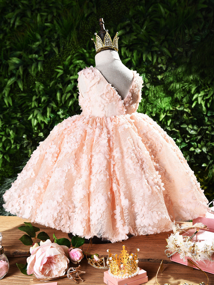 Pink floral lace princess dress with gold crown, perfect for kids' parties and special occasions