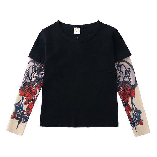Black floral print long sleeve tee with red roses and butterflies, stylish fashion top