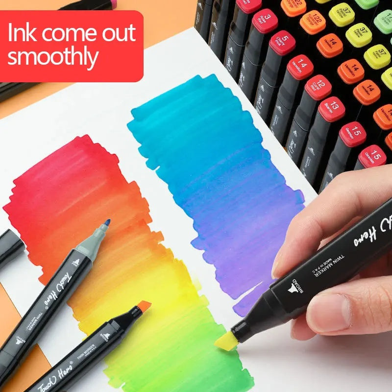 Smooth ink dual-tip markers creating vibrant rainbow swatches for art and design