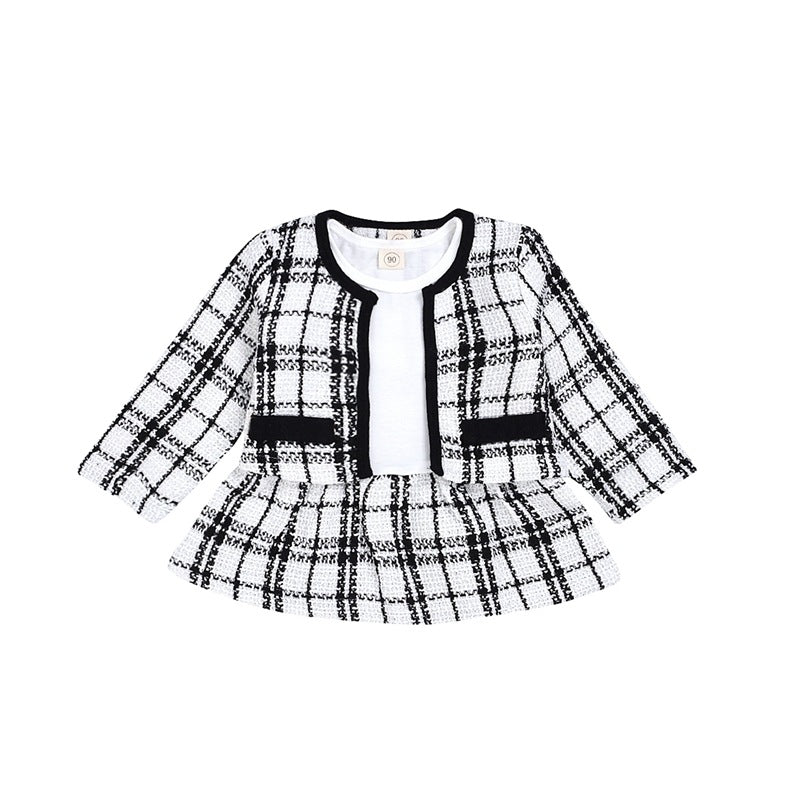 Black and white plaid tweed jacket with peplum hem, stylish kids fashion outfit