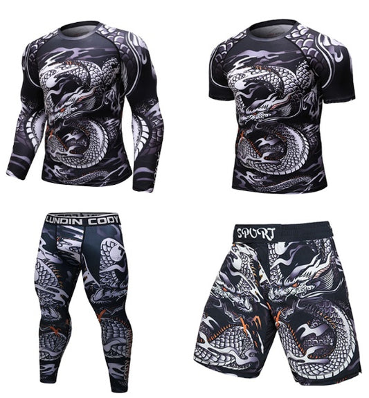 Dragon print compression shirts and shorts for men, athletic wear with bold Asian-inspired design