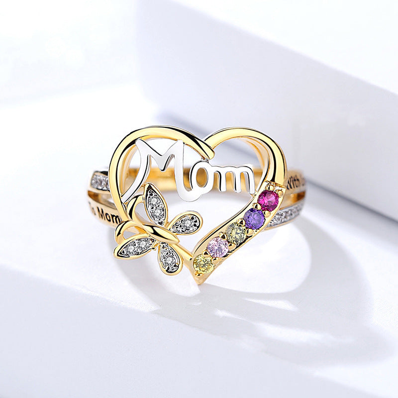 Mother's Day Gift Hollow Heart English Letter Love Mom Rhinestone Butterfly Finger Ring Jewelry Gift - MANDOTOS