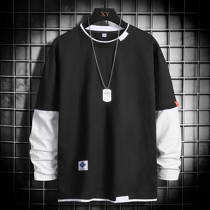 Black and white long sleeve T-shirt with dog tag necklace, urban streetwear style