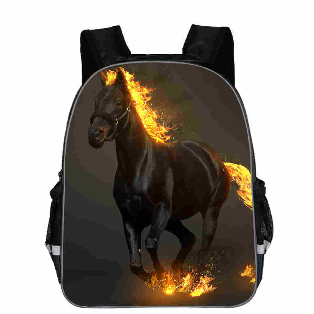 Black backpack with fiery horse print, ideal for school or travel