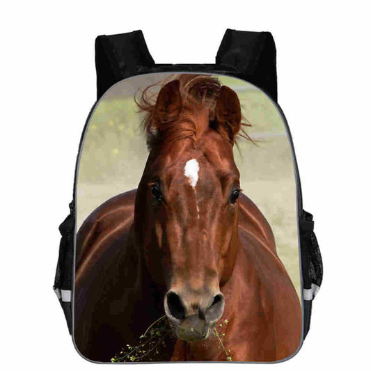 Brown horse print backpack with black straps, ideal for school or travel