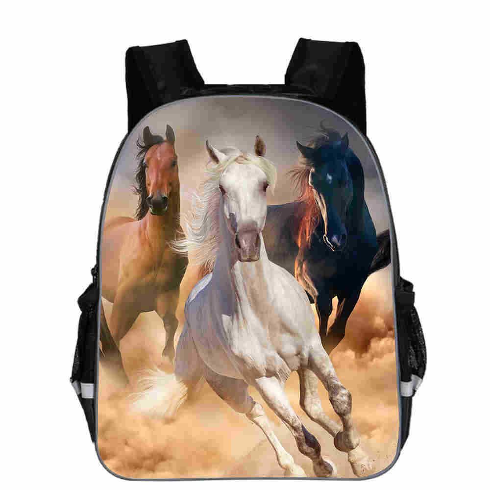 Kids backpack with 3D galloping horses print, ideal for school or travel