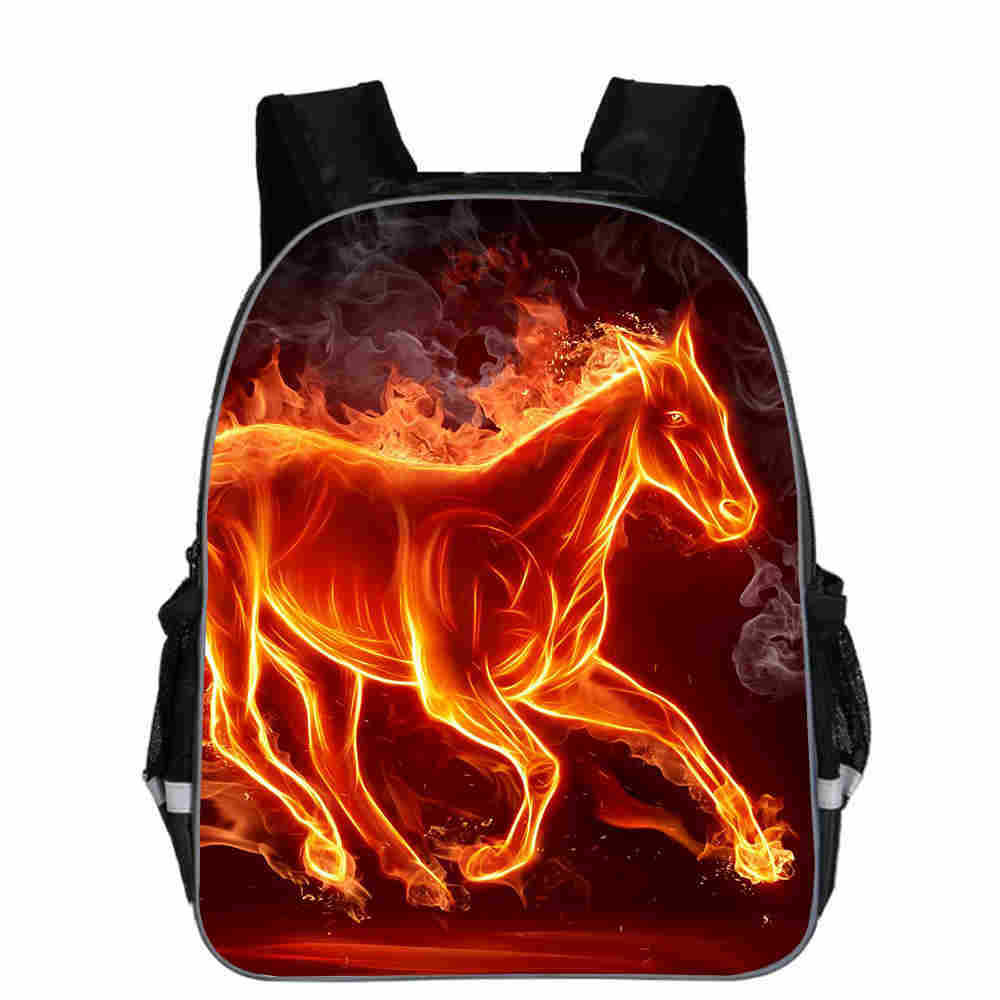 Flaming horse print backpack, fiery design school bag for teens, bold fashion accessory