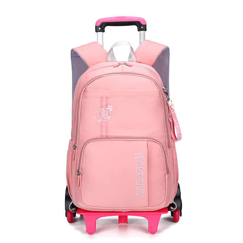 Pink rolling backpack with wheels and handle, ideal for school or travel