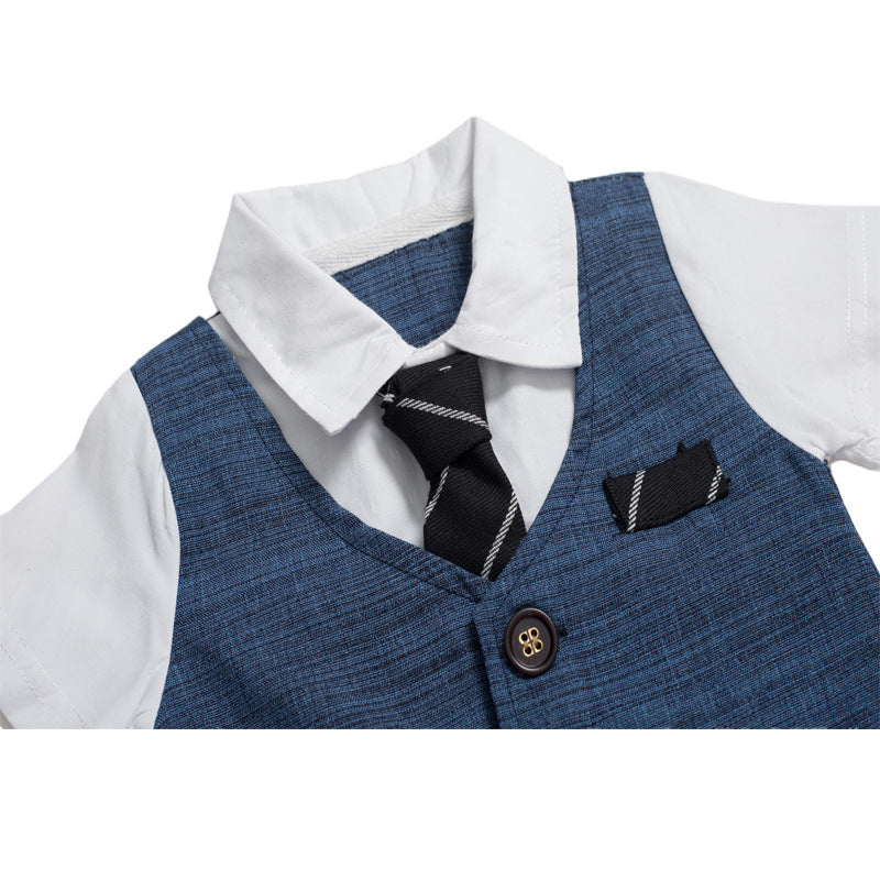 Blue boys formal vest set with white shirt, striped tie, and pocket square for special occasions