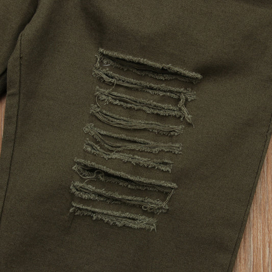 Olive green ripped jeans with distressed detailing for casual fashion