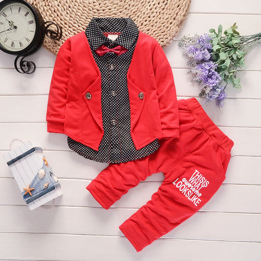 Red toddler suit with polka dot shirt, bow tie, and 'This is what awesome looks like' pants