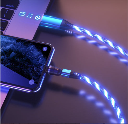 Glowing blue LED charging cable connecting smartphone to laptop, sleek tech accessory for modern devices