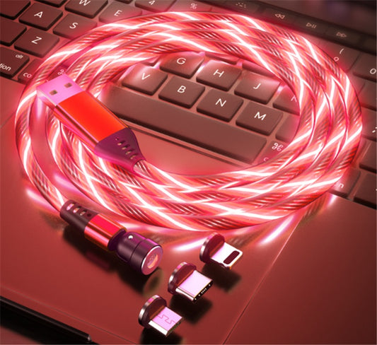Glowing red LED USB charging cable with multiple connectors on laptop keyboard