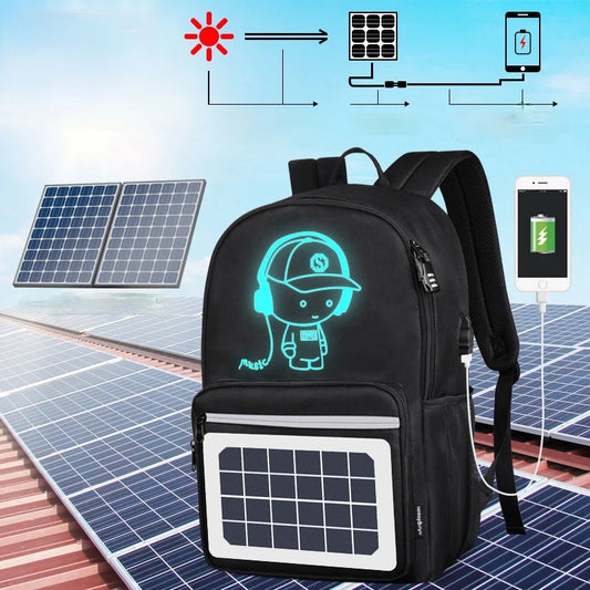 Solar-powered backpack with USB charging, glowing LED design, ideal for eco-friendly travel and tech on the go