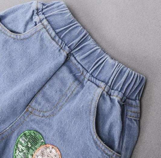 Light blue denim shorts with sequin avocado patch, elastic waistband, kids fashion