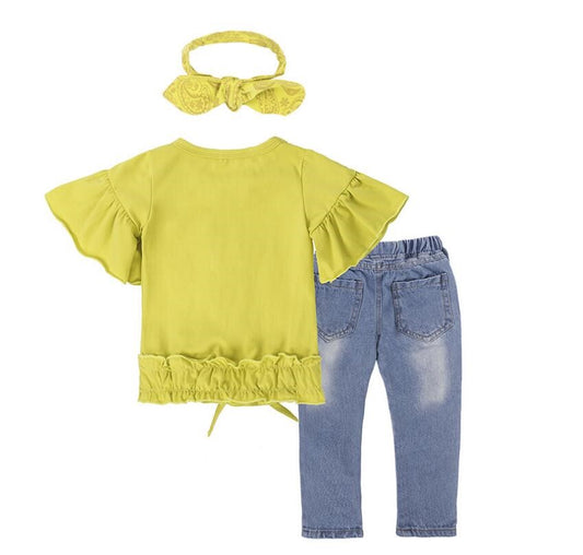 Yellow ruffle top with denim pants and matching headband for toddler girls