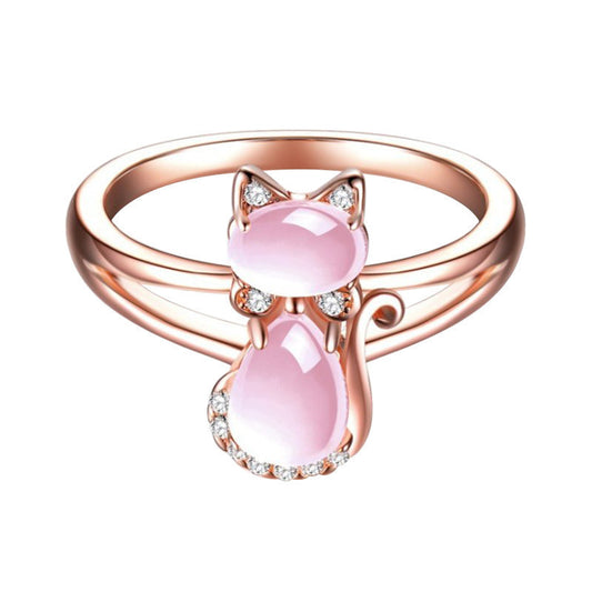 Rose Gold Plated Crystal Cute Animal Cat Ring Hibiscus Stone Crystal Diamond Ring Women Party Jewelry For Pet Lovers - MANDOTOS