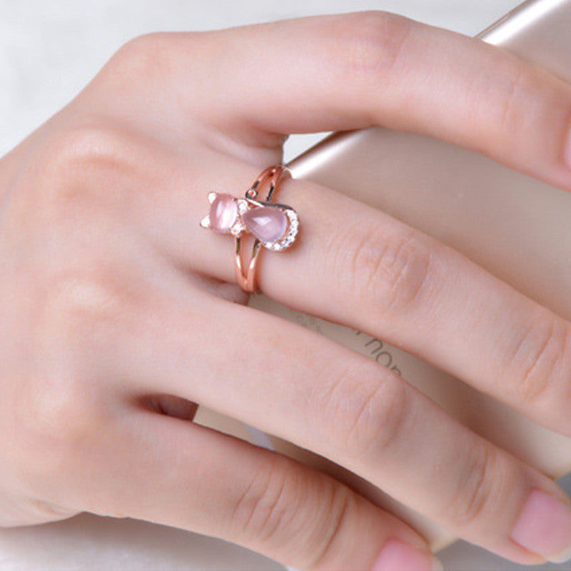 Rose Gold Plated Crystal Cute Animal Cat Ring Hibiscus Stone Crystal Diamond Ring Women Party Jewelry For Pet Lovers - MANDOTOS