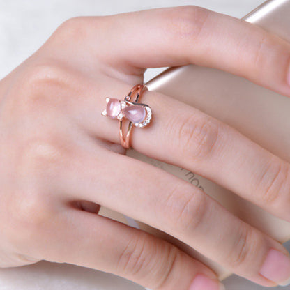 Rose Gold Plated Crystal Cute Animal Cat Ring Hibiscus Stone Crystal Diamond Ring Women Party Jewelry For Pet Lovers - MANDOTOS
