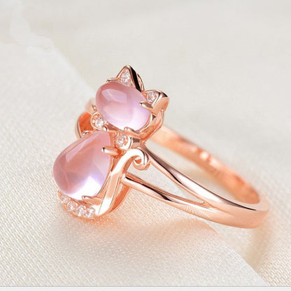 Rose Gold Plated Crystal Cute Animal Cat Ring Hibiscus Stone Crystal Diamond Ring Women Party Jewelry For Pet Lovers - MANDOTOS