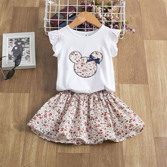 White kids t-shirt with floral Mickey print and matching floral skirt, cute children's outfit