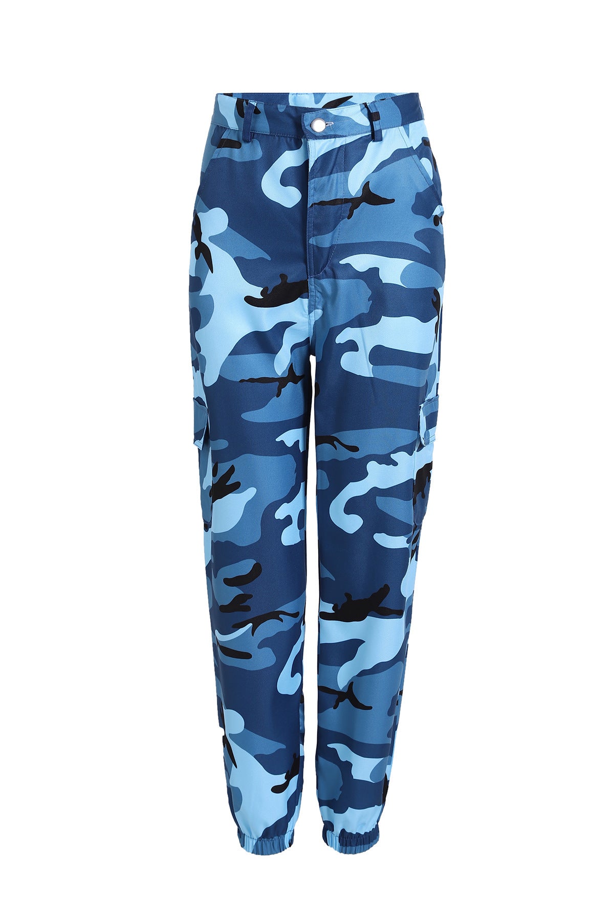 Blue camouflage cargo pants with elastic cuffs, stylish streetwear fashion