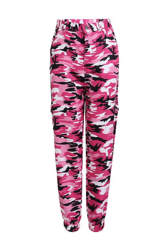 Pink camouflage jogger pants with black and white pattern, stylish casual wear