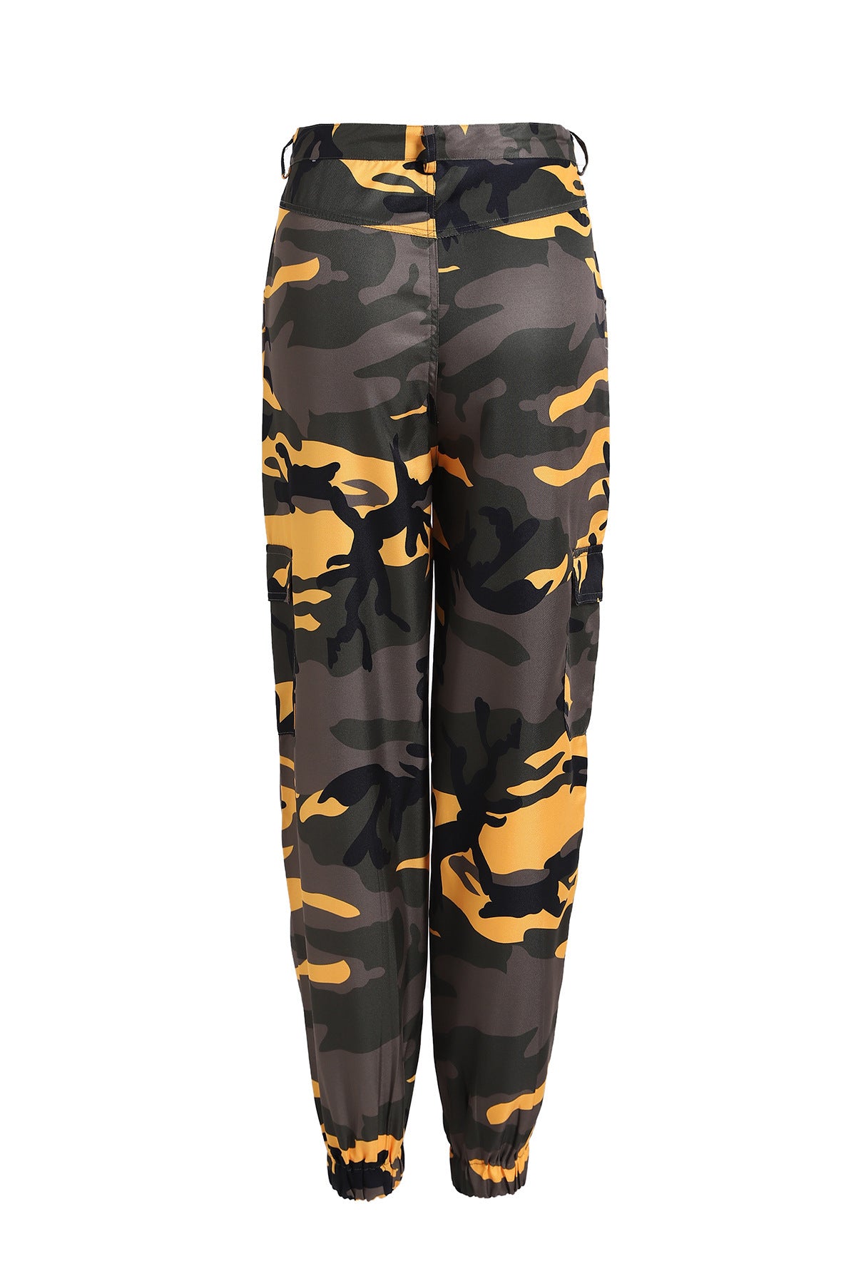 Yellow and black camouflage cargo joggers with elastic cuffs and side pockets