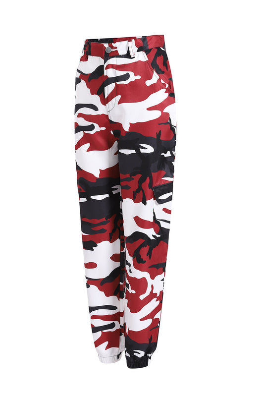 Red, white, and black camouflage cargo joggers with elastic cuffs and side pockets