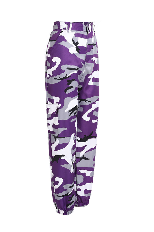 Purple camouflage cargo pants with elastic cuffs and side pockets, stylish streetwear fashion