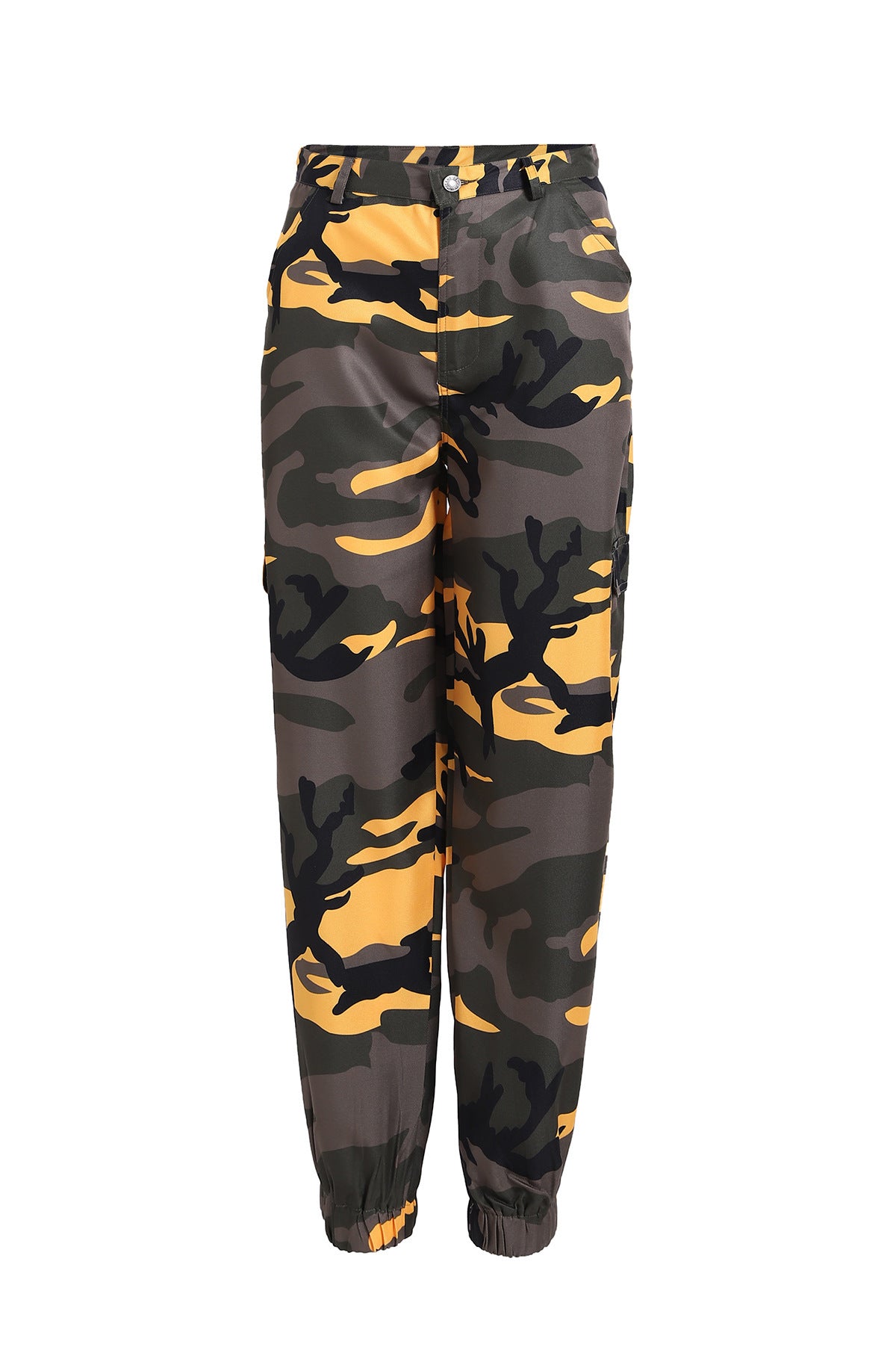 Yellow and black camouflage cargo pants with elastic cuffs, stylish streetwear fashion